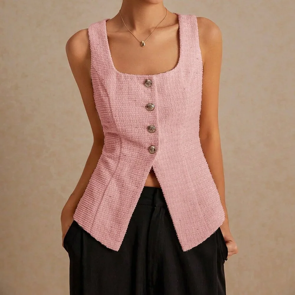 Baby Pink Casual Women's Sleeveless Scooped Back Tweed Top - Picture 4 of 7